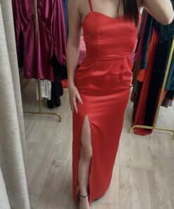 Red satin maxi dress