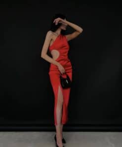 Red satin cut out dress