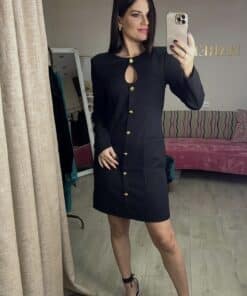 Μαύρο εφαρμοστό φόρεμα με χρυσά κουμπιά & βάτες – Midi